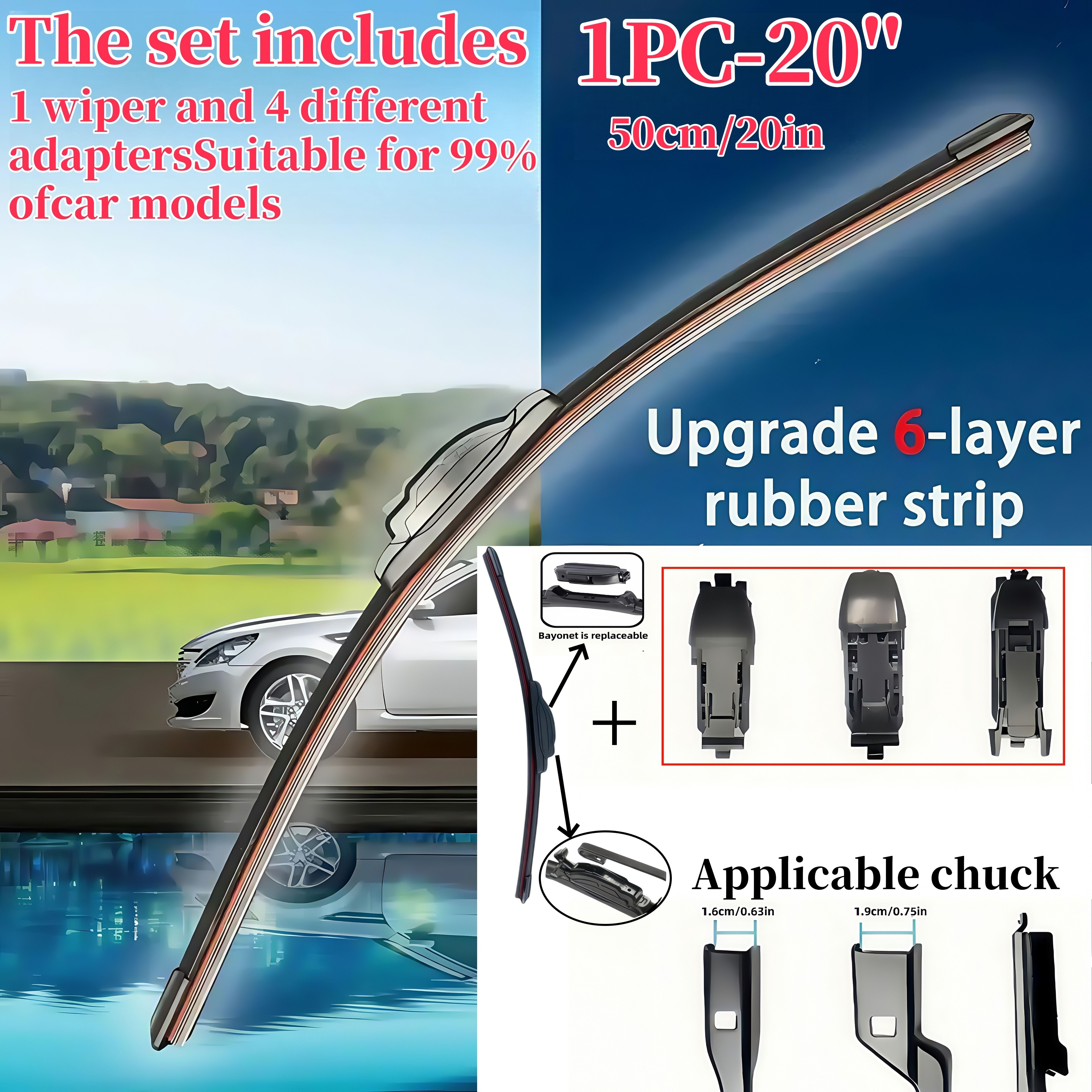 Car Windshield Wiper Blade Set with Adapters 35-71cm Durable Rubber Quiet