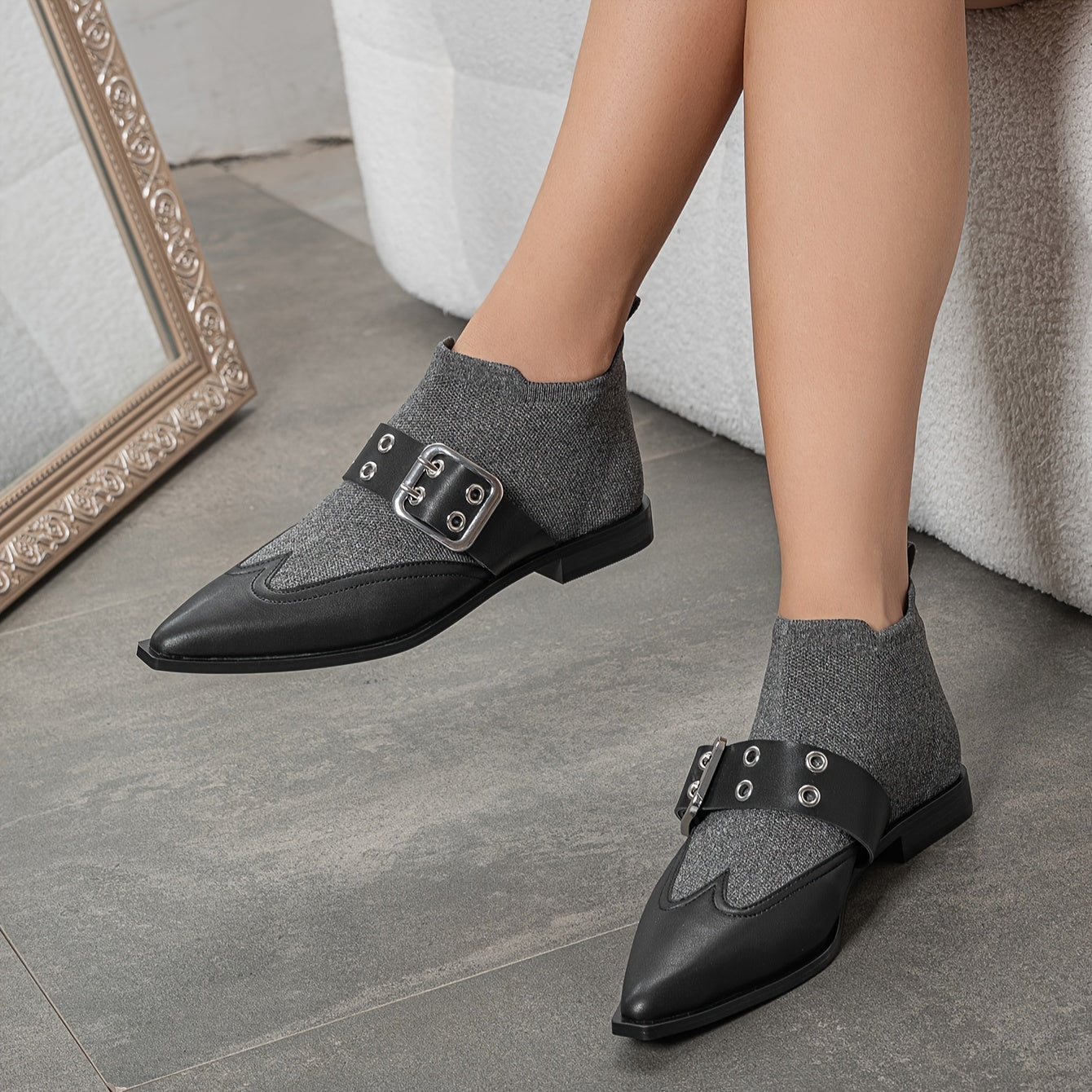 Women's Stretch Slip-On Ankle Booties with Buckle Flat Heel Pointed Toe