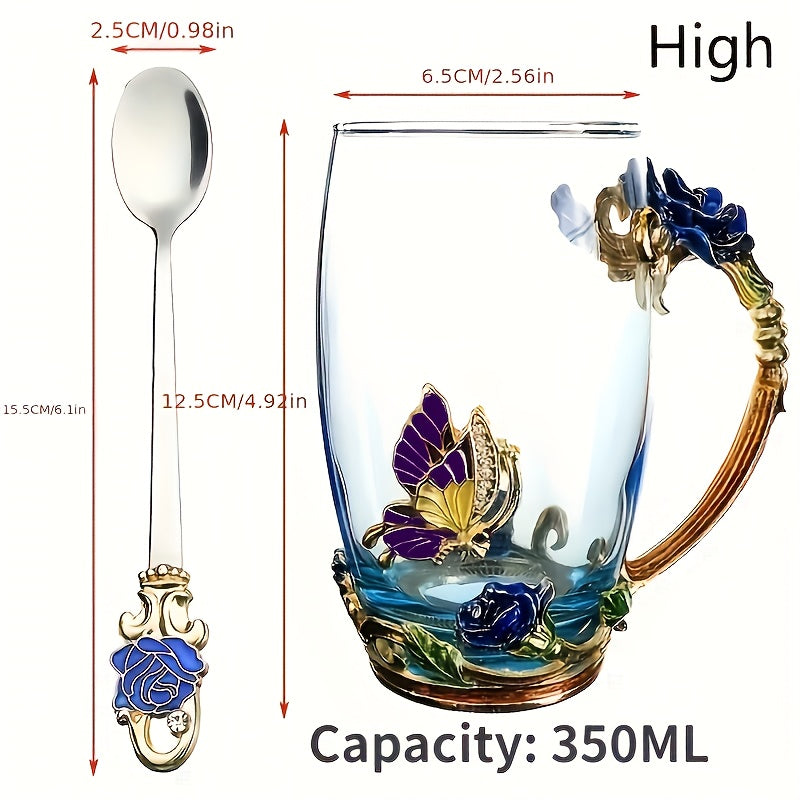 11.8oz Glass Tea Cup Set with Coaster and Spoon Elegant Flower Pattern for Coffee Water