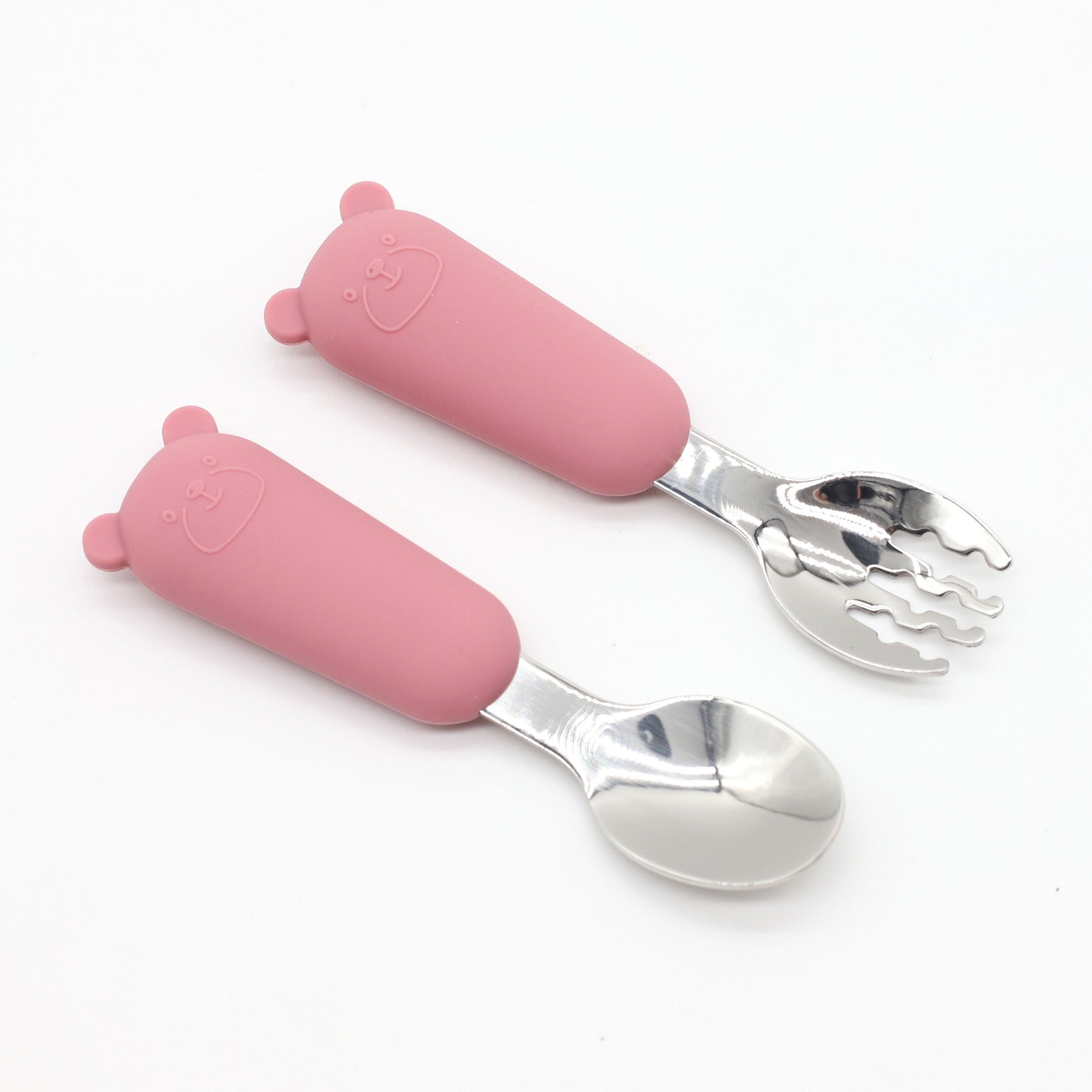 Baby Feeding Utensils Set Silicone and Stainless Steel Bear Shape for Babies Red Blue