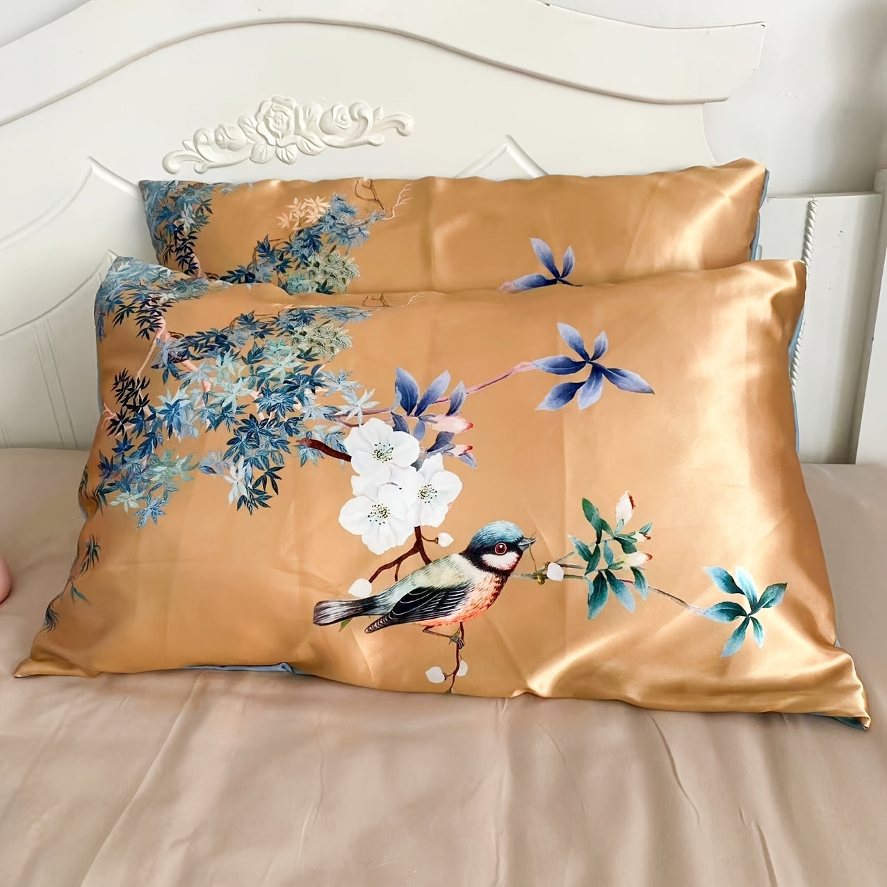 Set of 2 Satin Pillowcases with Floral Bird Patterns Reversible Envelope Closure