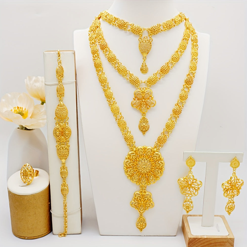 Vintage Bohemia Zinc Alloy Jewelry Set with Hollow Flower Necklace and Dangle Earrings