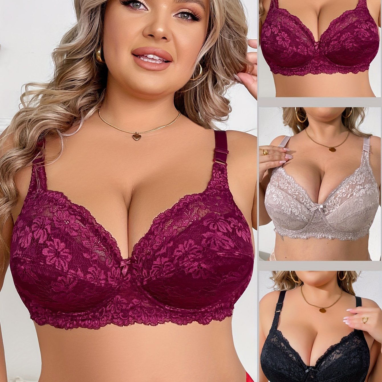 3-комплект бюстгальтеров для женщин больших размеров, полиамидное трикотажное с косточками, несъемная набивка, однотонное кружево