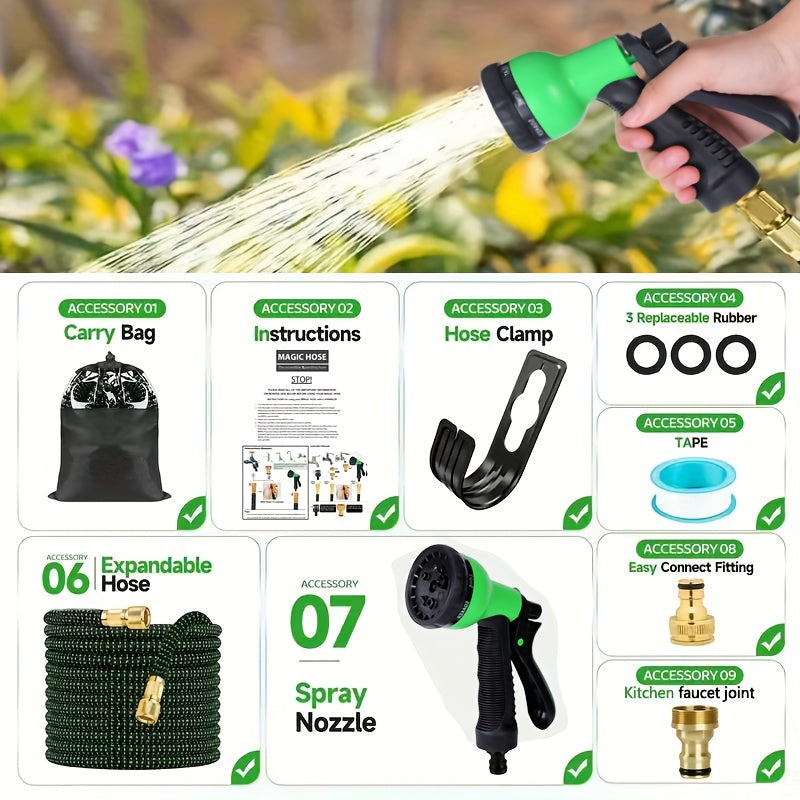 Расширяемый резиновый садовый шланг с герметичными соединителями для полива участка