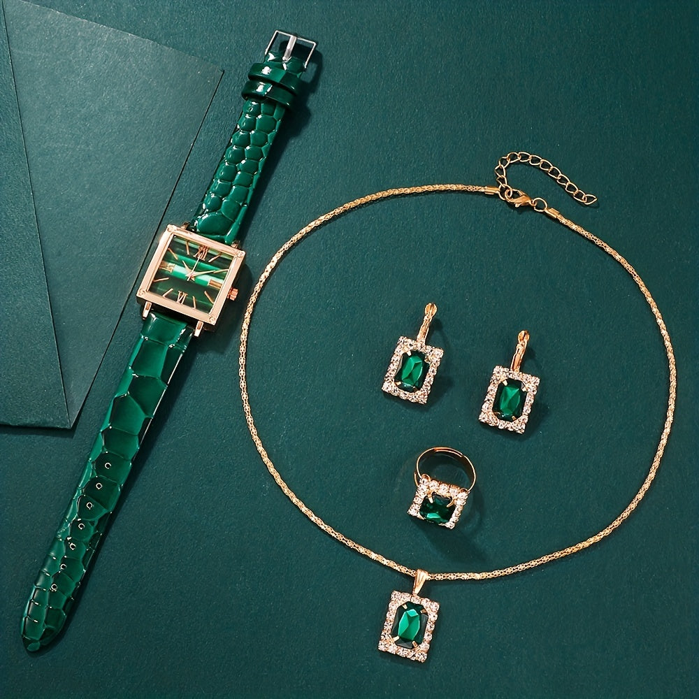 Set of 5 Women's Vintage Square Quartz Watches with Green Dial and Rhinestone Jewelry Set