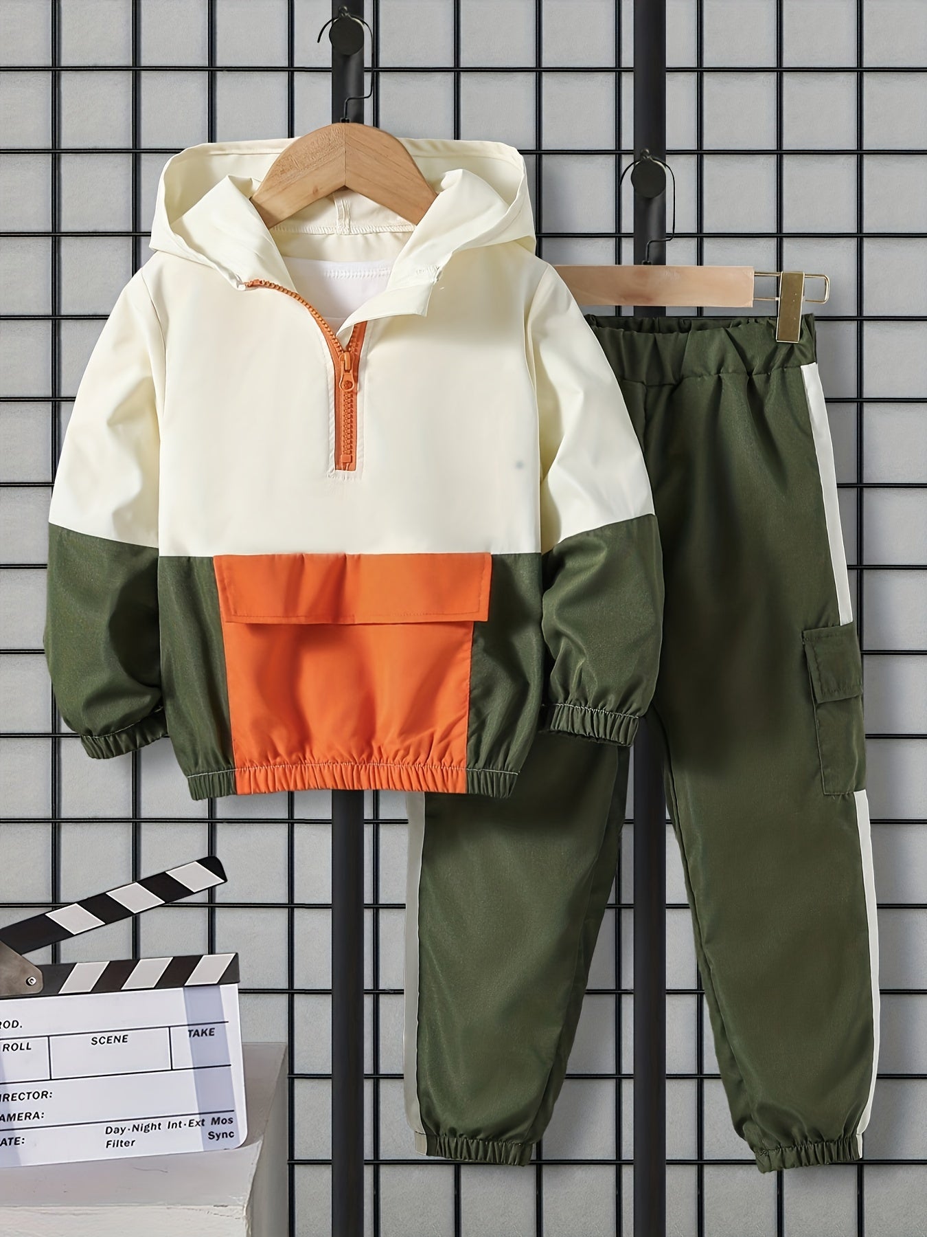 Kids Boys Spring Autumn Clothing Set Hooded Sweatshirt and Loose Work Pants Color Block