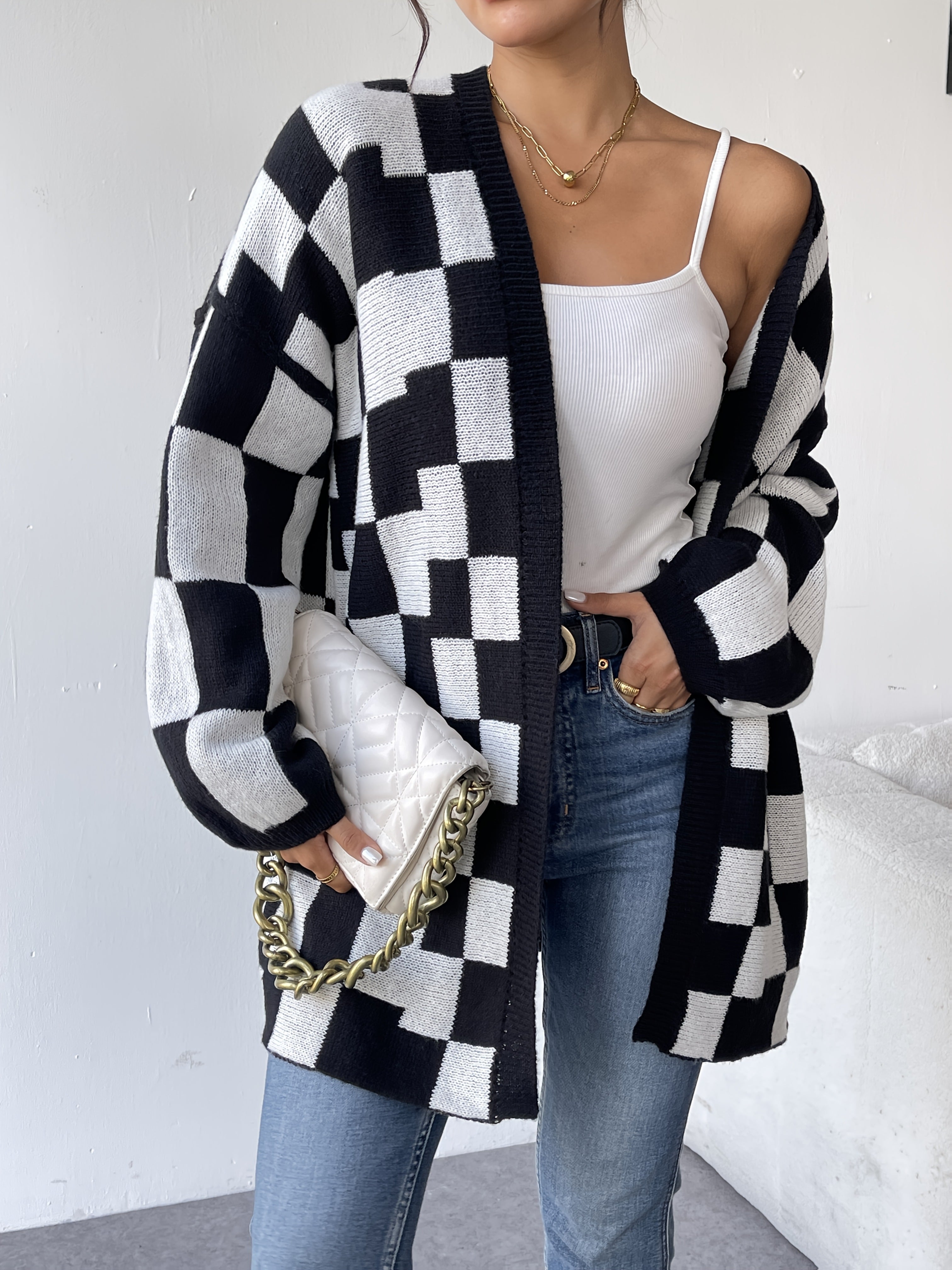 Women's Plus Size Black and White Checkered Open Front Cardigan Sweater