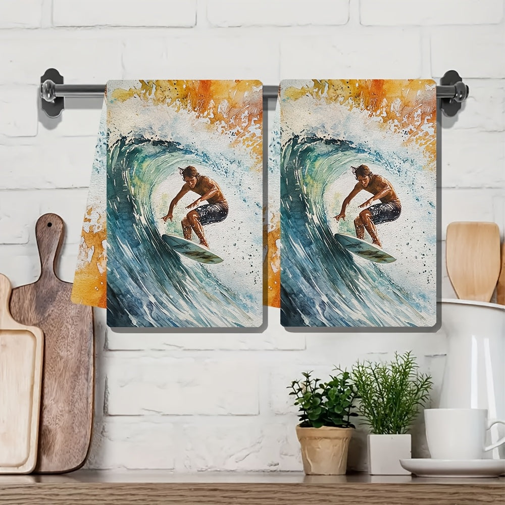 Set of 2 Ultra Soft Surfing Dish Towels, Vibrant Design, Absorbent, Quick-Dry