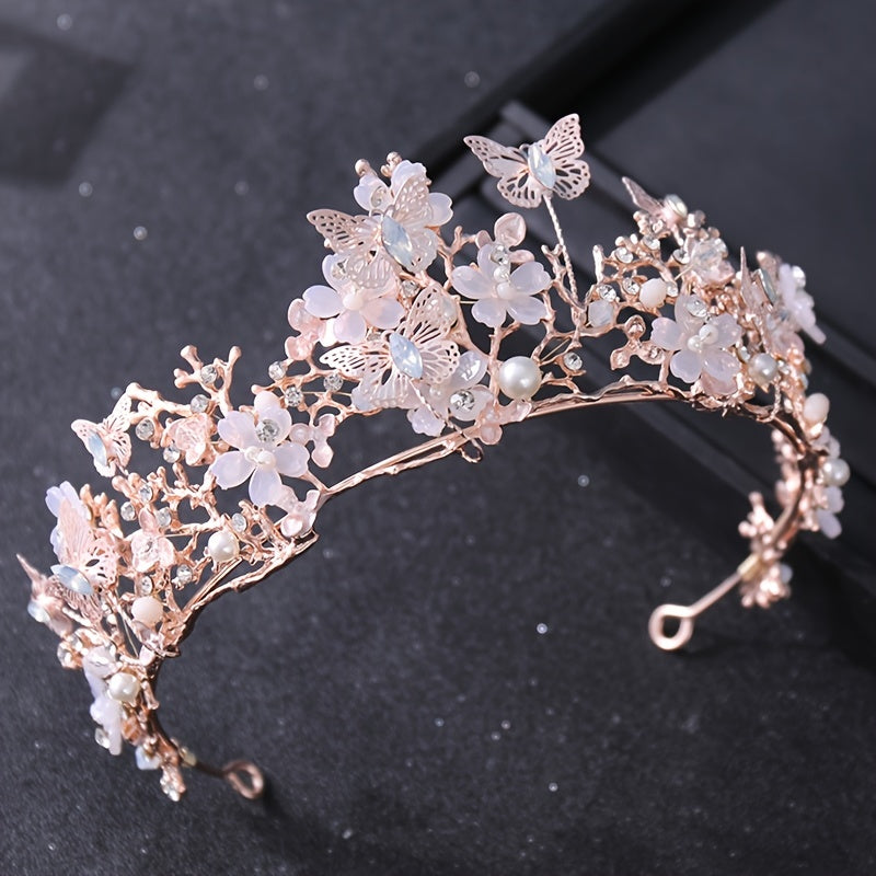 Невестная цветочная корона с жемчугами, стразами и бабочкой, аксессуар для свадебных причесок