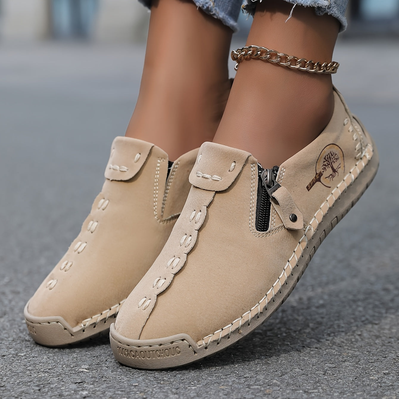 Women's Handmade Casual Loafers Slip-On Sneakers with Zipper Rubber Sole
