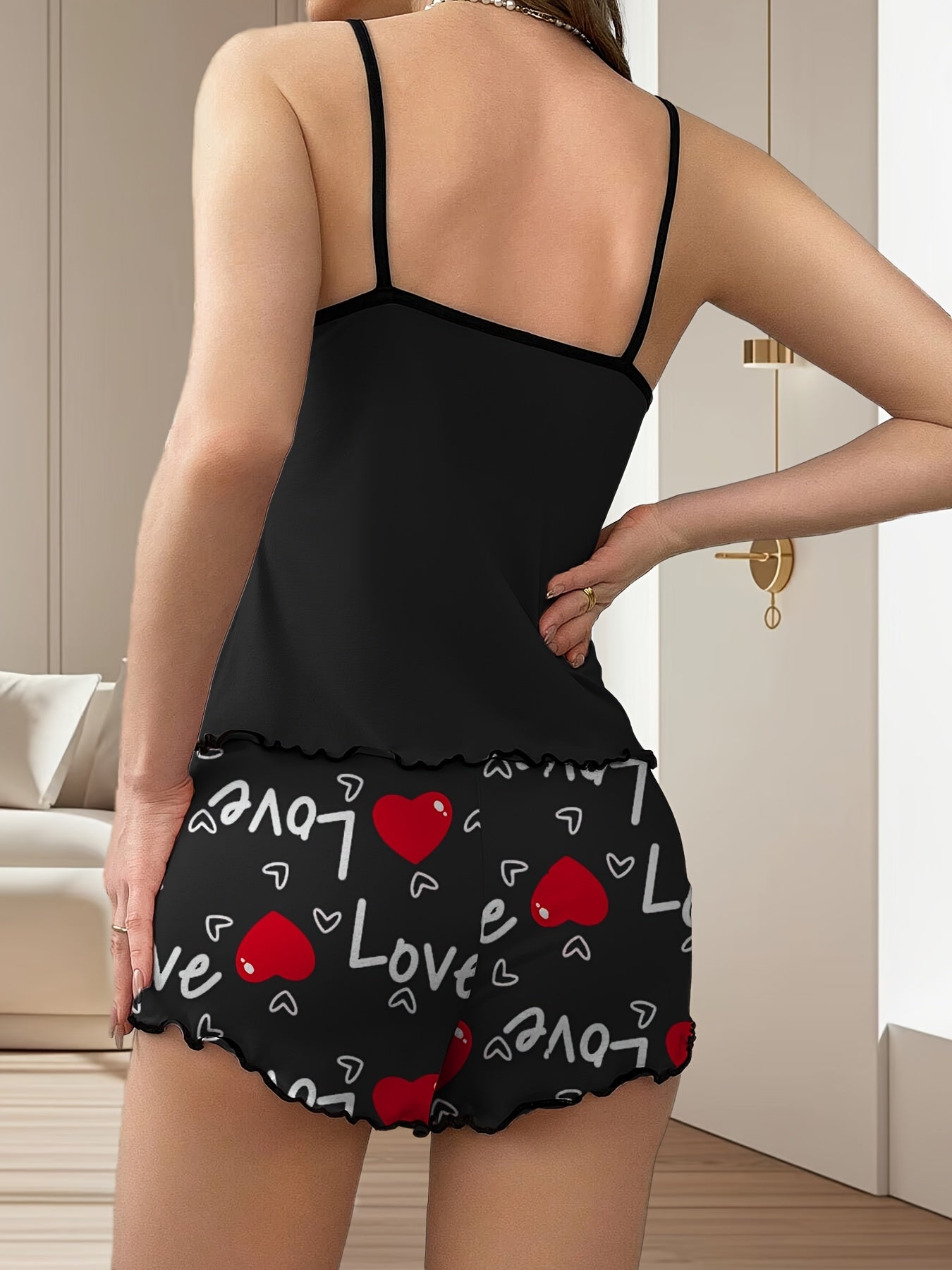 Women's Valentine's Day Black Heart Print Pajama Set with T-Shirt and Shorts Polyester Blend