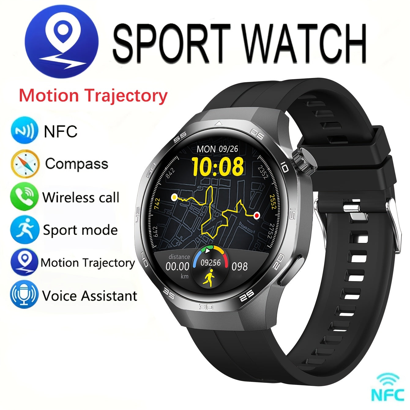 Men's Smartwatch GPS Fitness Tracker with 360x360 HD Screen AI Voice Call NFC 100+ Sports Modes