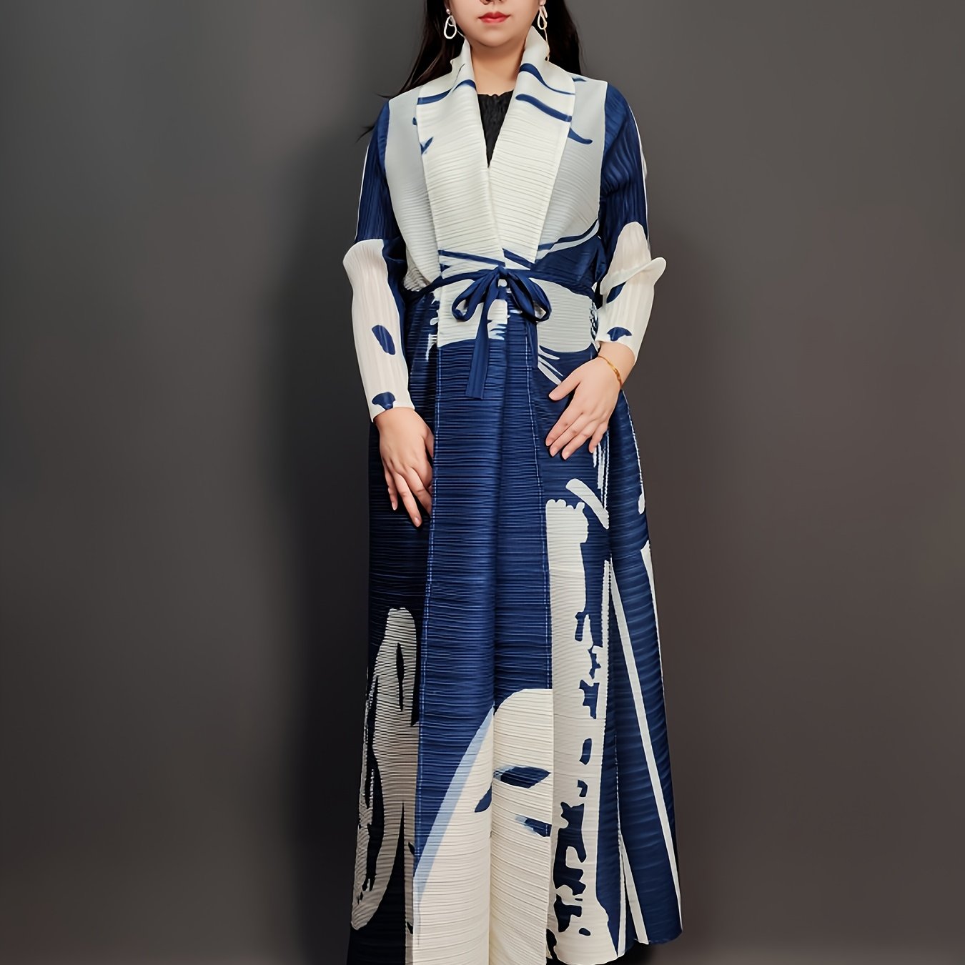 Blue and Black Floral Print Maxi Kaftan Dress with Long Sleeves and Tie Waist for Women