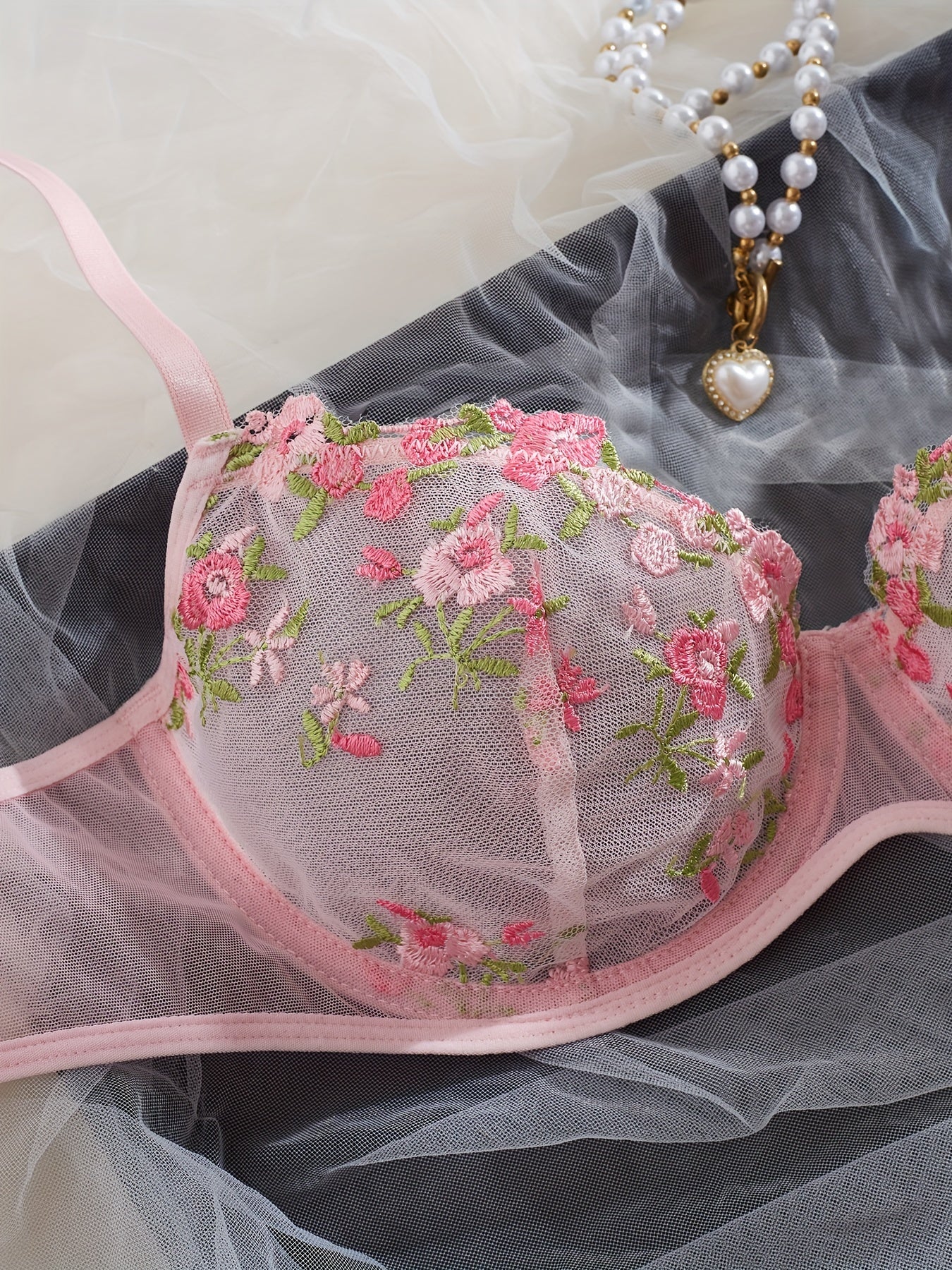 Pink French-Inspired Lingerie Set with Floral Embroidery and Sheer Mesh Bra and Thong
