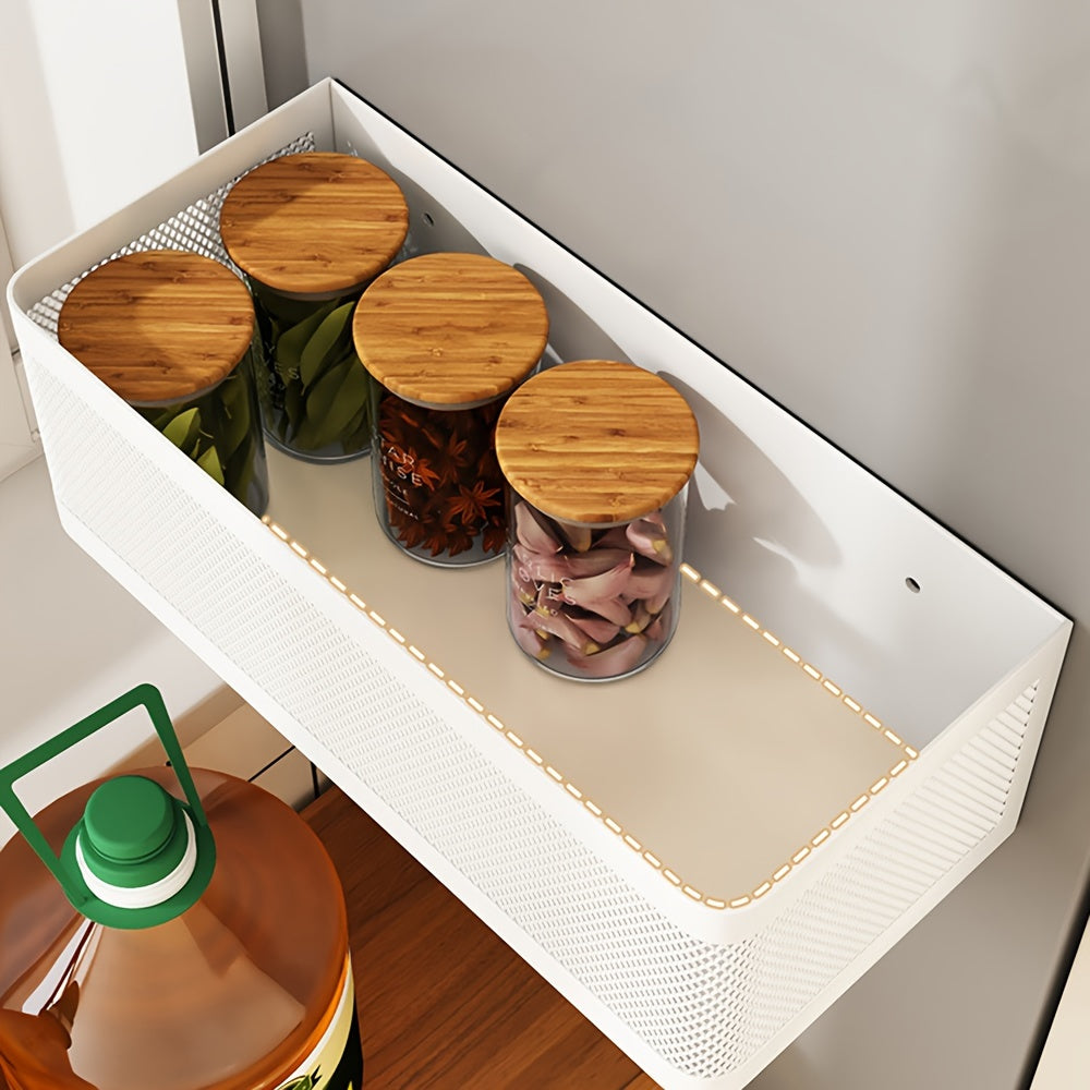 Soporte magnético para almacenamiento en refrigerador con cesta colgante y espacio para platos