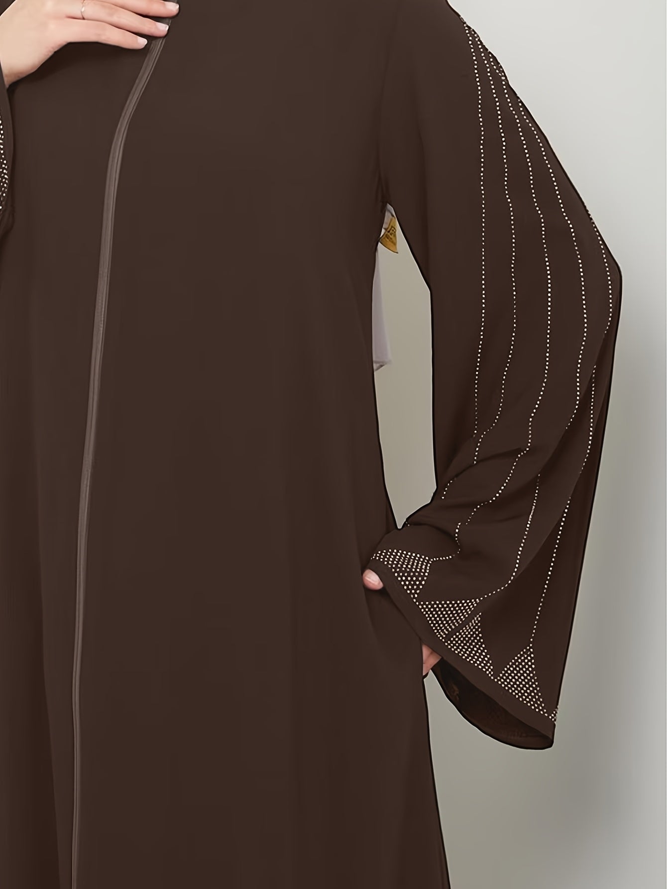 Brown Rhinestone Embellished Abaya for Muslim Women Long Sleeve Polyester Dress