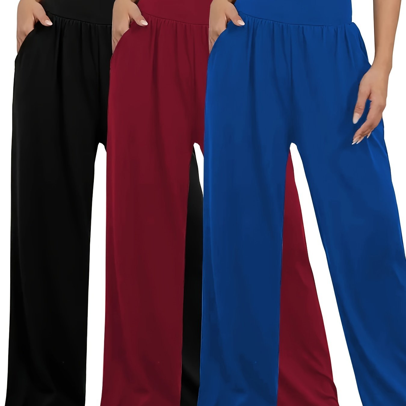 Plus Size Women's Wide Leg Pants with Pockets Casual Elastic Waist Solid Colors