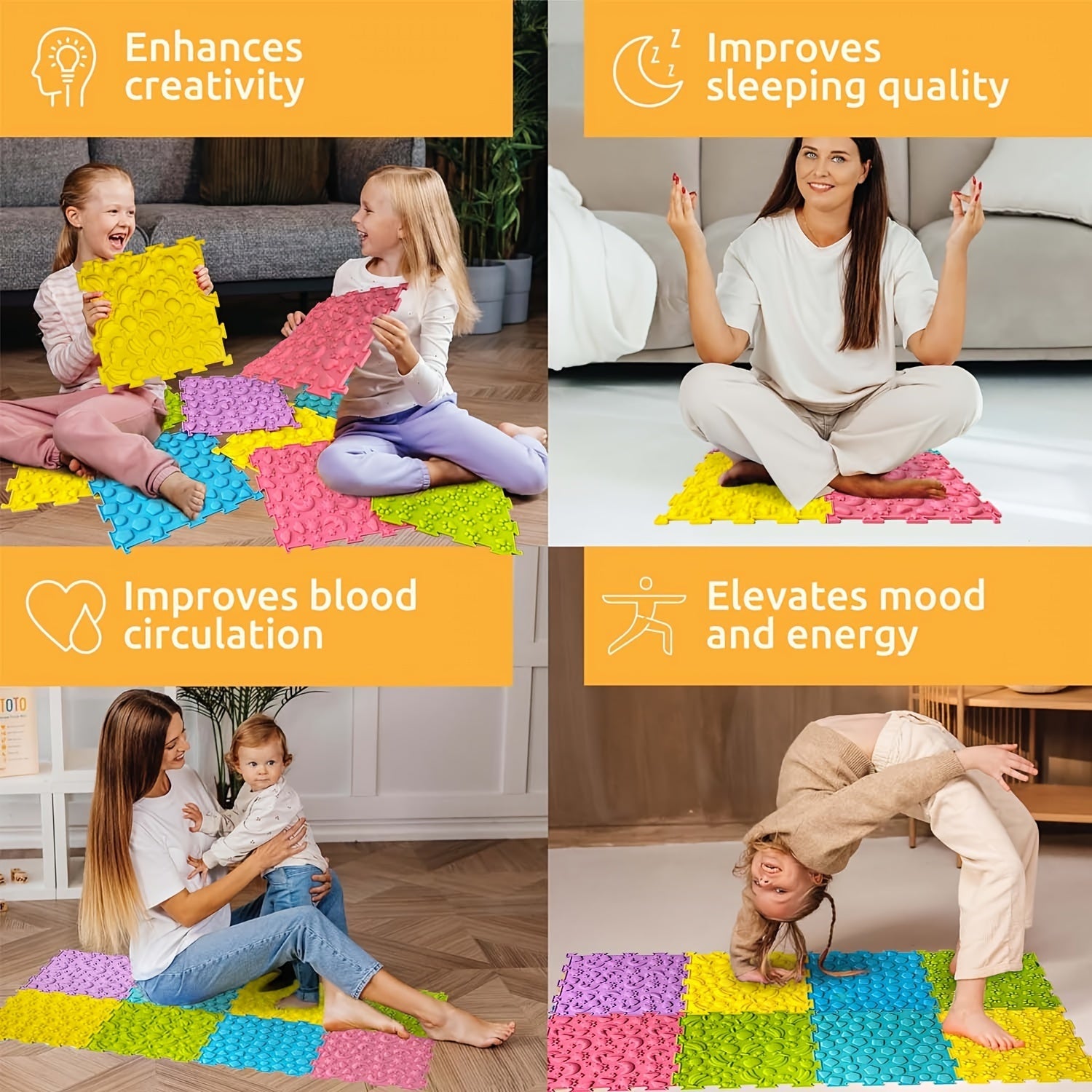 Sensory Tiles Puzzle Floor Mat - Bolalar Sensory xonasi uchun 8 dona to'plam, Tekstural gilam, Avtotransport massaj matosi, Avtizm uchun - Sensory ehtiyojlari bo'lgan bolalar uchun silikon massaj matosi