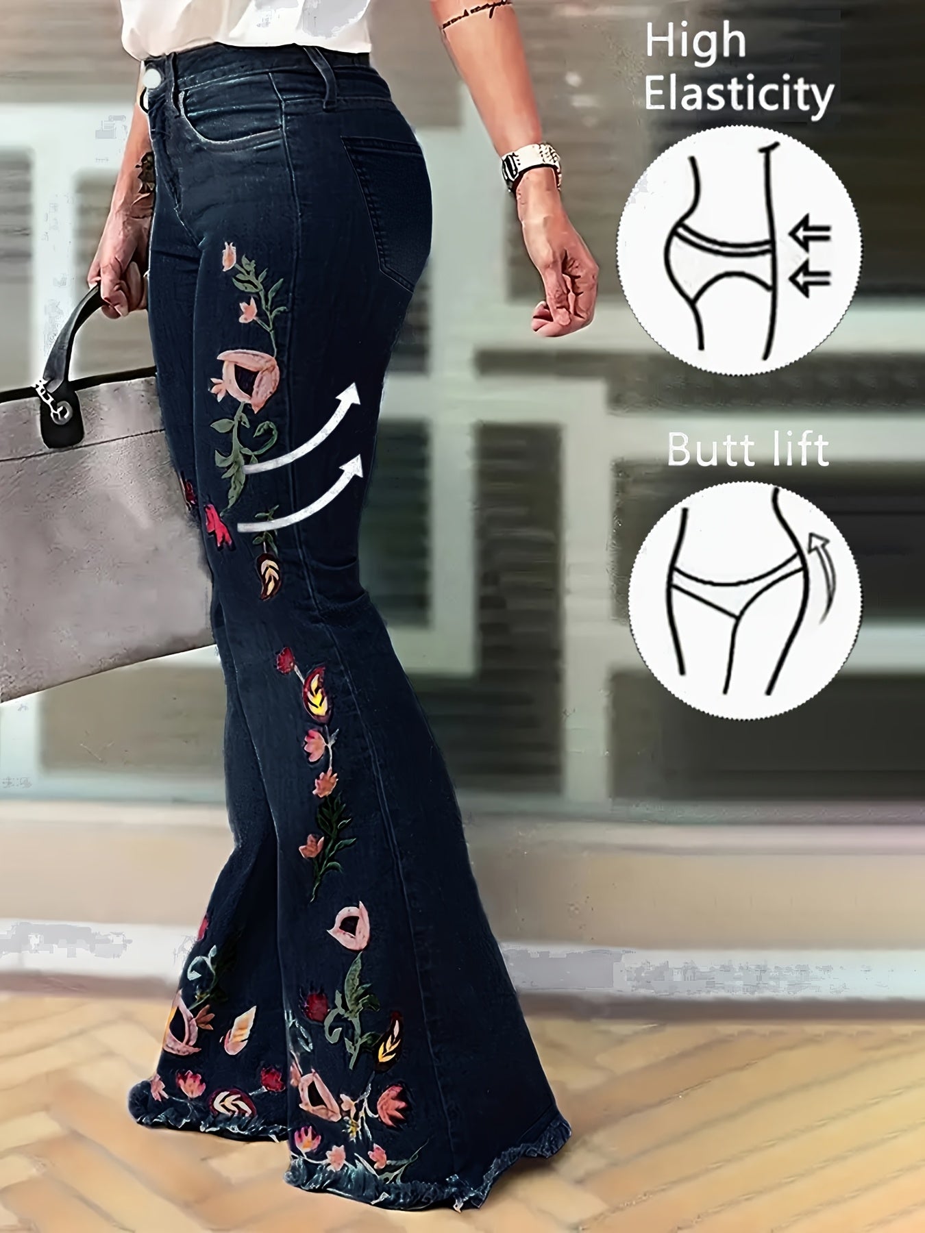Jeans de campana de talla grande con bordado floral y pantalones vaqueros con control de abdomen
