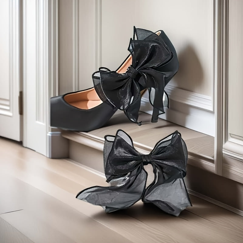 Women Black Mesh Bow Shoe Clips Set of 2 Detachable for High Heels Party Decor