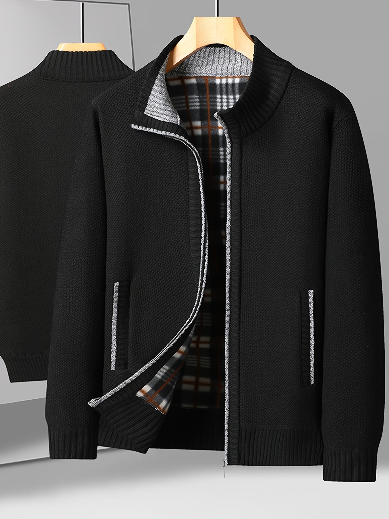 Кардиган для мужчин большого размера с круглым вырезом, длинными рукавами, застежкой-молнией и карманами, осень-зима