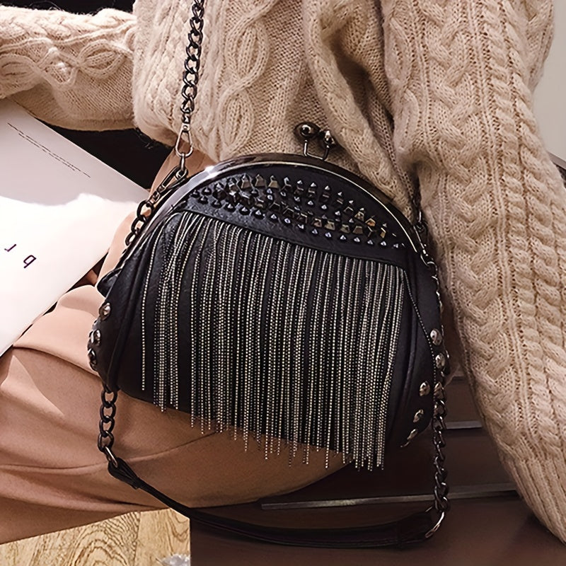 Women's PU Kiss Lock Handbag with Rivets Tassel Decor and Shoulder Chain