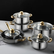 12-Piece Stainless Steel Cookware Set with Golden Handles and Kettle
