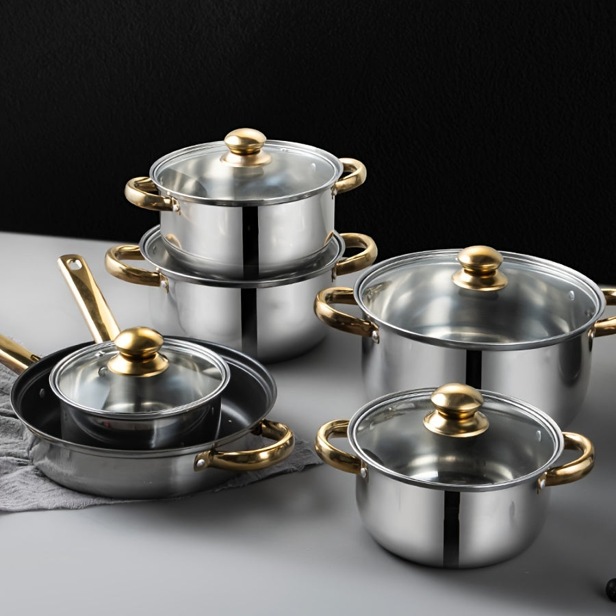 12-Piece Stainless Steel Cookware Set with Golden Handles and Kettle