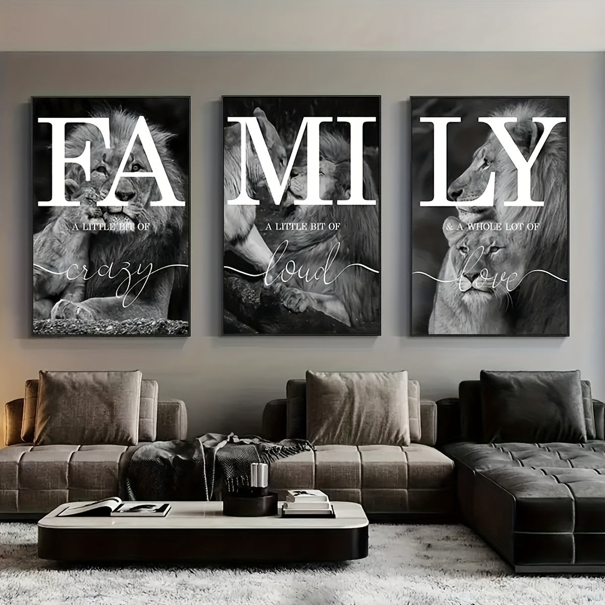 Unframed Black and White Lion Family Canvas Wall Art Set for Bedroom Living Room Decor