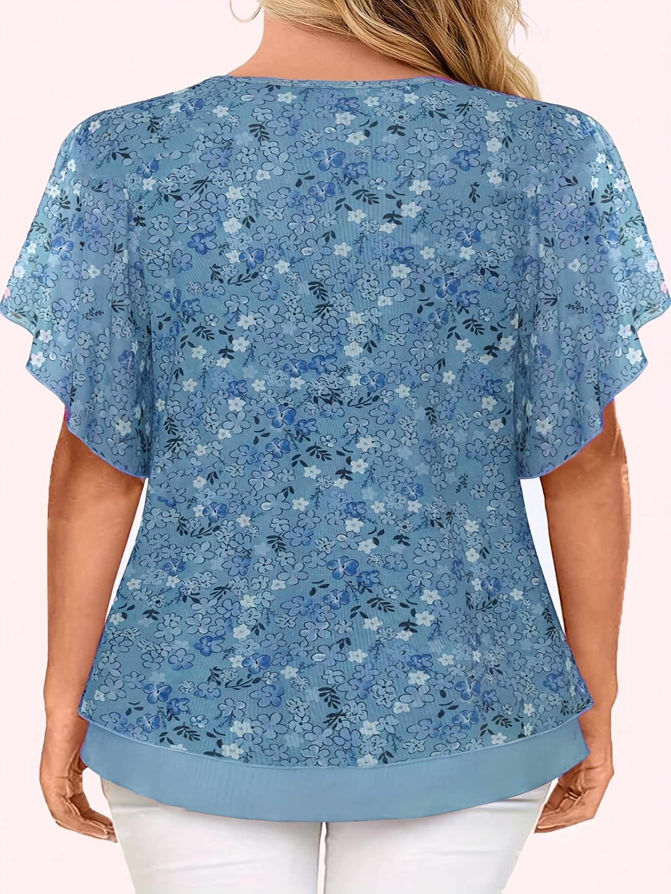 Women’s Floral Mesh V-Neck Blouse with Flutter Sleeves Lightweight Polyester