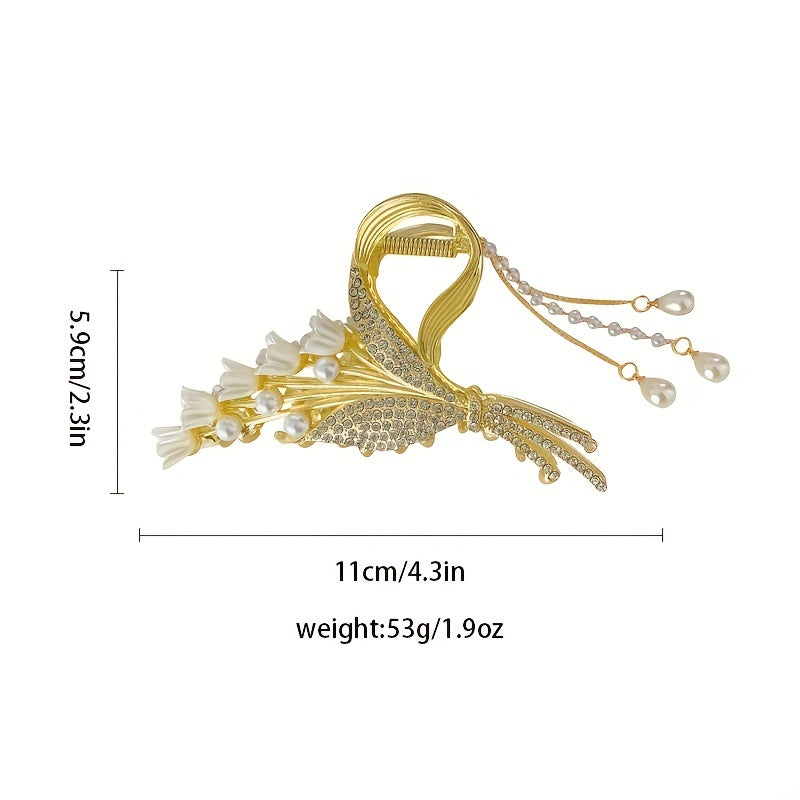 Elegant Gold Alloy Hair Claw with Faux Pearls Rhinestones and Tassel for Women
