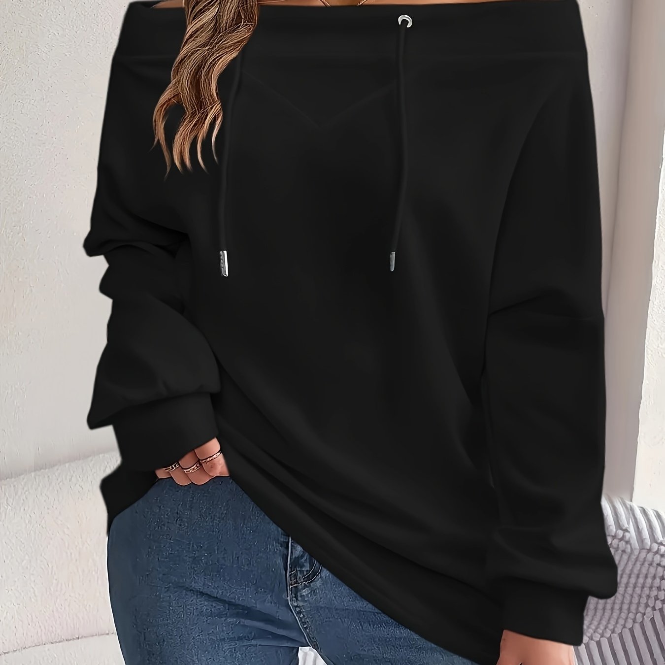 Plus o'lchamli off shoulder svitshot uzun sleeve kundalik kuz bahor