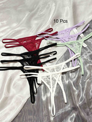 10-Pack Women's Lace Thong Panties Low-Rise Polyamide Transparent Triangle Solid Color