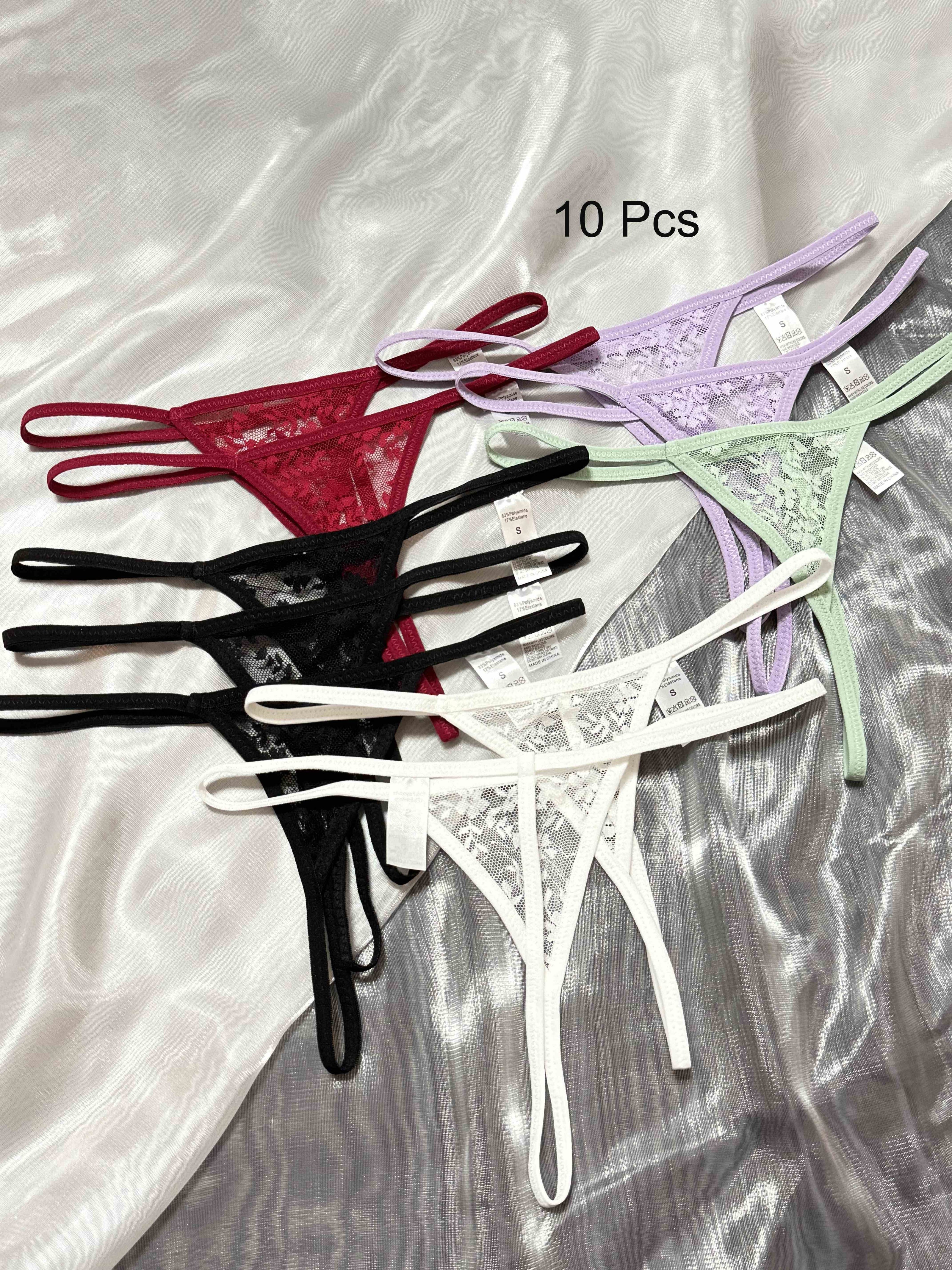 10-Pack Women's Lace Thong Panties Low-Rise Polyamide Transparent Triangle Solid Color