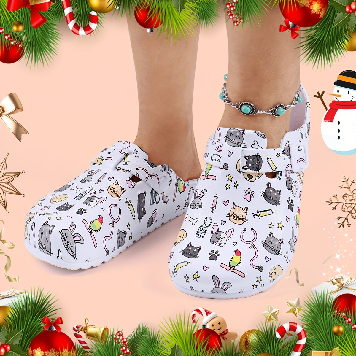 Women's Floral Pattern EVA Slip-On Mule Slippers with Adjustable Buckle