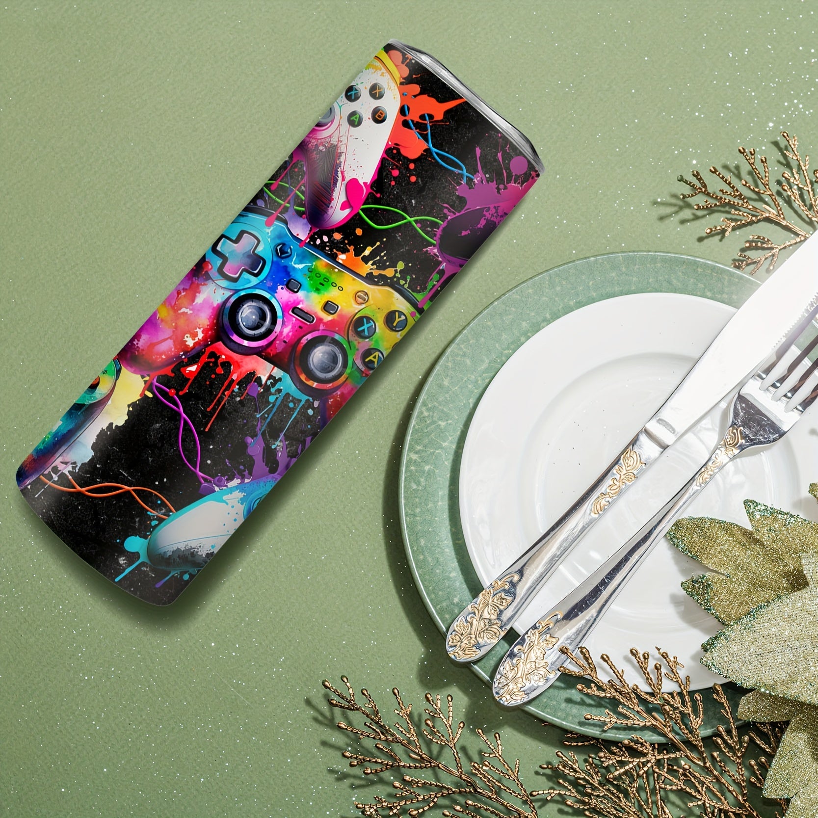 20 унций Нержавеющая сталь Изолированная бутылка для воды с ярким дизайном игрового контроллера - включает соломинку, идеальный подарок для геймеров - только ручная стирка.