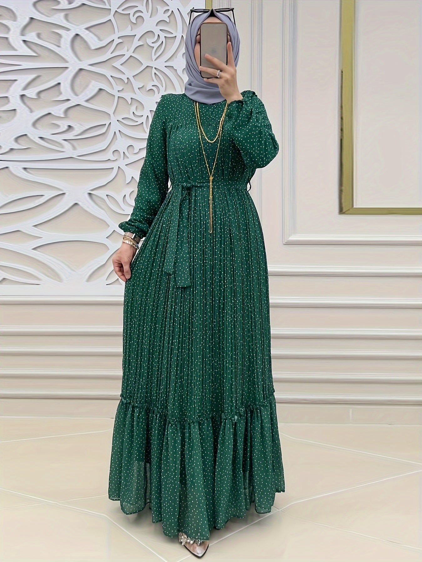 Women's Polka Dot Maxi Dress with Ruffle Hem Long Sleeves Crew Neck Pleated Back