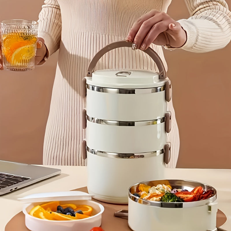 Изолированный ланч-бокс из нержавеющей стали с крышкой и ручкой — герметичный, многослойный термоконтейнер для хранения продуктов питания для школы, офиса, кемпинга и пикника