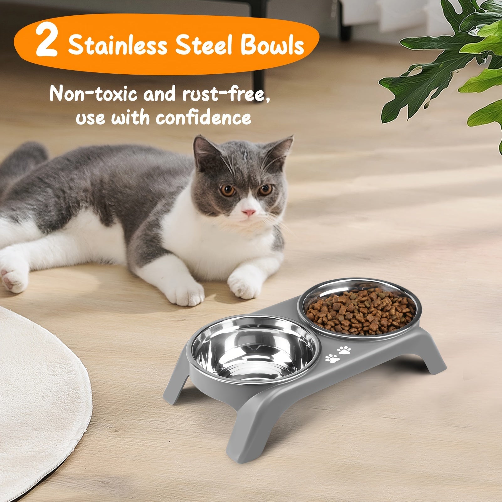 Elevated Cat Bowls with Stainless Steel Dual Bowls Non-Slip Feet Ergonomic Design