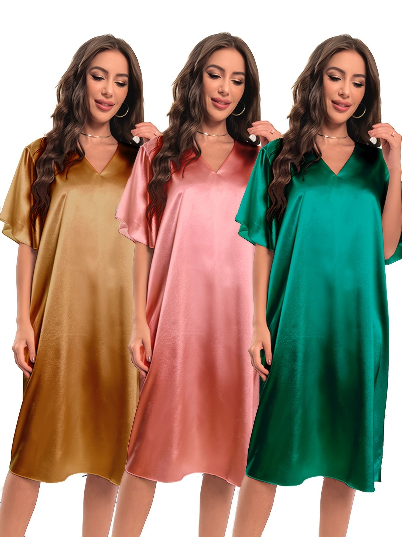 Plus Size Summer Satin Nightgown 3-Piece Set Loose Fit Short Sleeve Blue