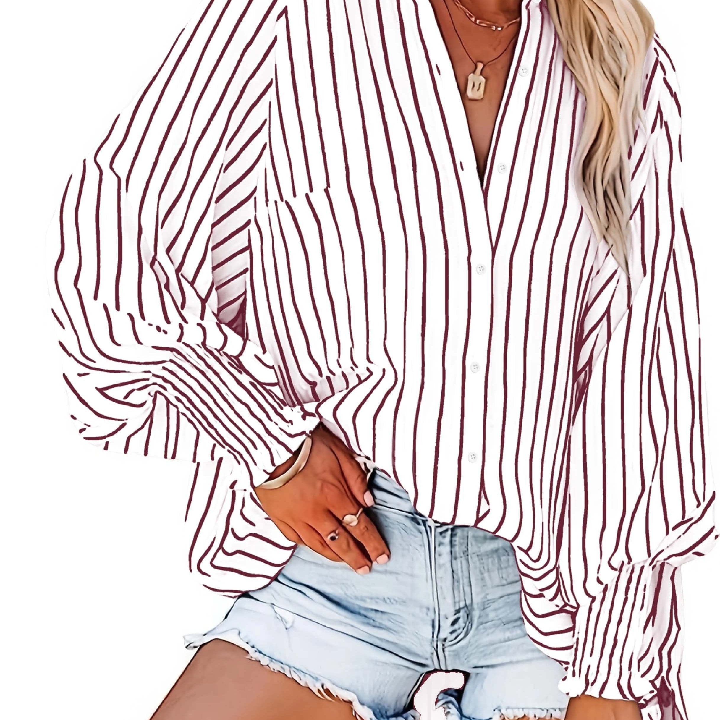 Plus Size Women's Striped V-Neck Blouse in Red and White Lightweight Polyester for Spring Fall Casual