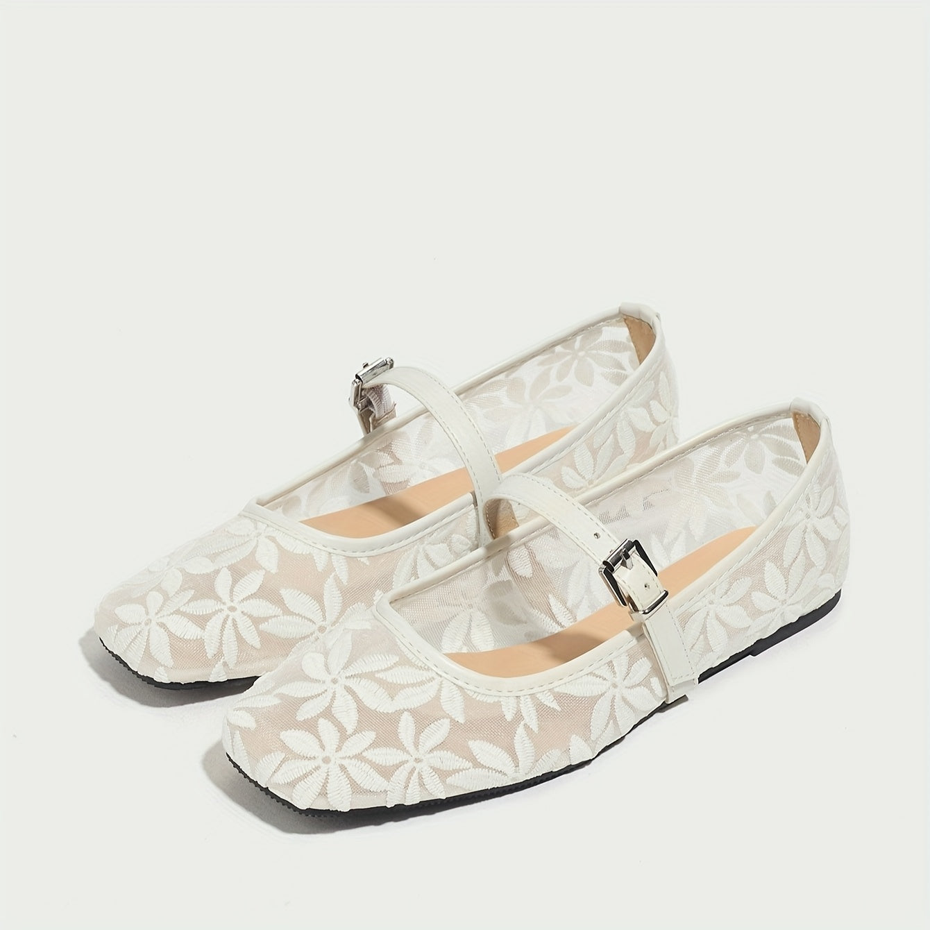 Women's White Ballet Flats with Floral Embroidery Breathable Mesh Square Toe
