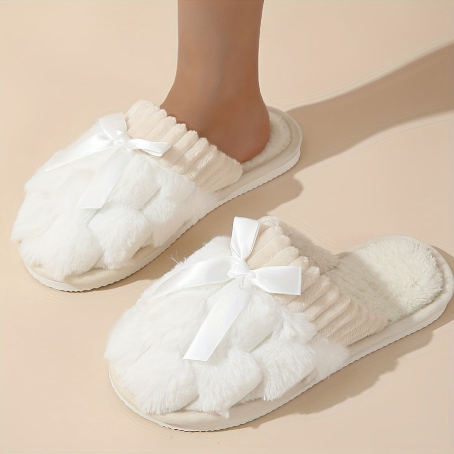 Winter Plush Cozy Non-Slip Fabric Slippers with Flat Bowknot for Home Warmth