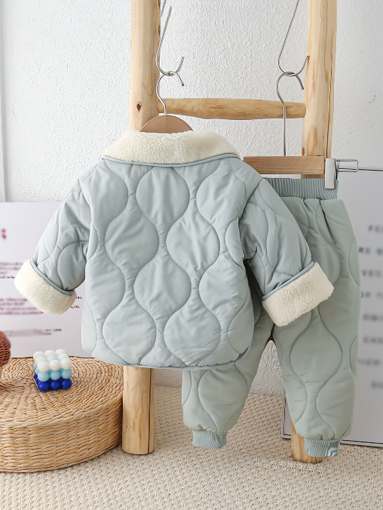 Kids' Winter Outfit Set with Teddy Collar Double Pockets Solid Color Polyester for Fall Winter