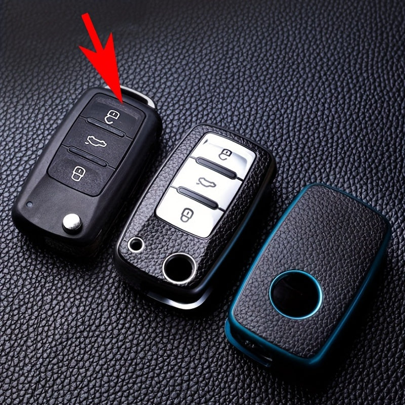 Car Key Protective Cover Leather Grain 3-Button Anti-fall Wear-Resistant