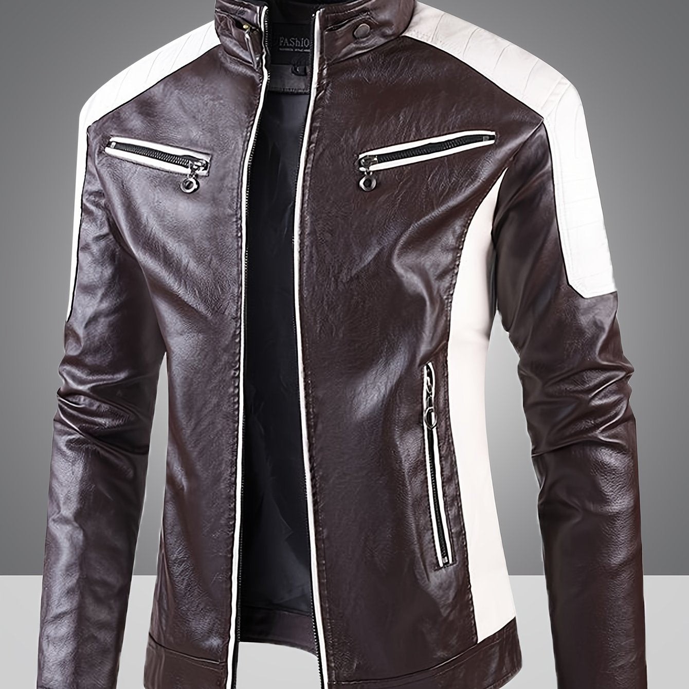 Erkaklar uchun tor kesimli rangli blokli jakket, turli cho'ntaklar, turg'un yaka, fermuar, kuz/qish/fall uchun oq va qizil dizayn.