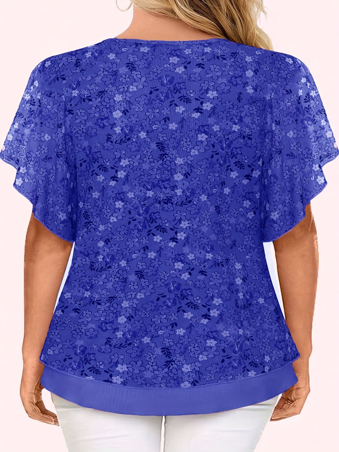 Plus-Size Floral Mesh V-Neck Shirt for Curvy Women Flutter Sleeves
