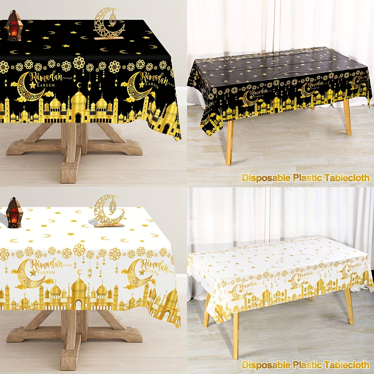 Black and White Plastic Eid Mubarak Tablecloth with Castle Moon and Star Lantern Design for Ramadan and Eid