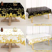 Black and White Plastic Eid Mubarak Tablecloth with Castle Moon and Star Lantern Design for Ramadan and Eid