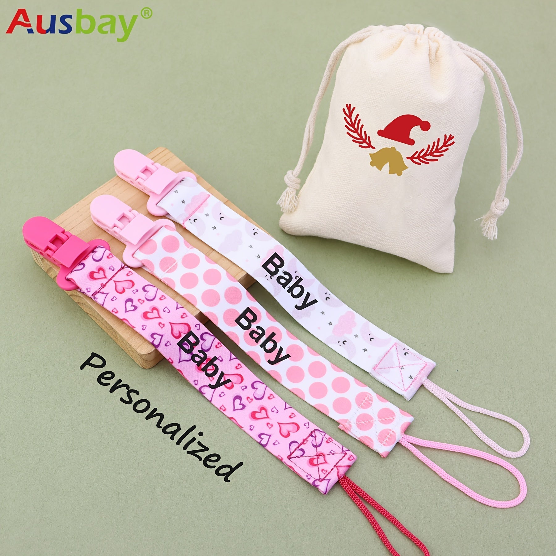 Personalized Baby Pacifier Holder Clips in Custom Gift Bags for Boys and Girls